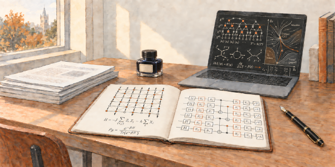 Watercolor illustration of a research desk with physics diagrams, equations, a quantum circuit, and a fountain pen.